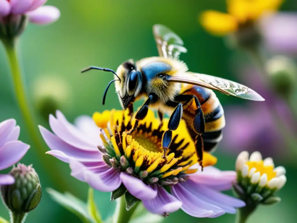 Un abejorro cubierto de polen aterriza delicadamente en una flor colorida en un jardín sostenible, resaltando la importancia de los polinizadores en el ecosistema