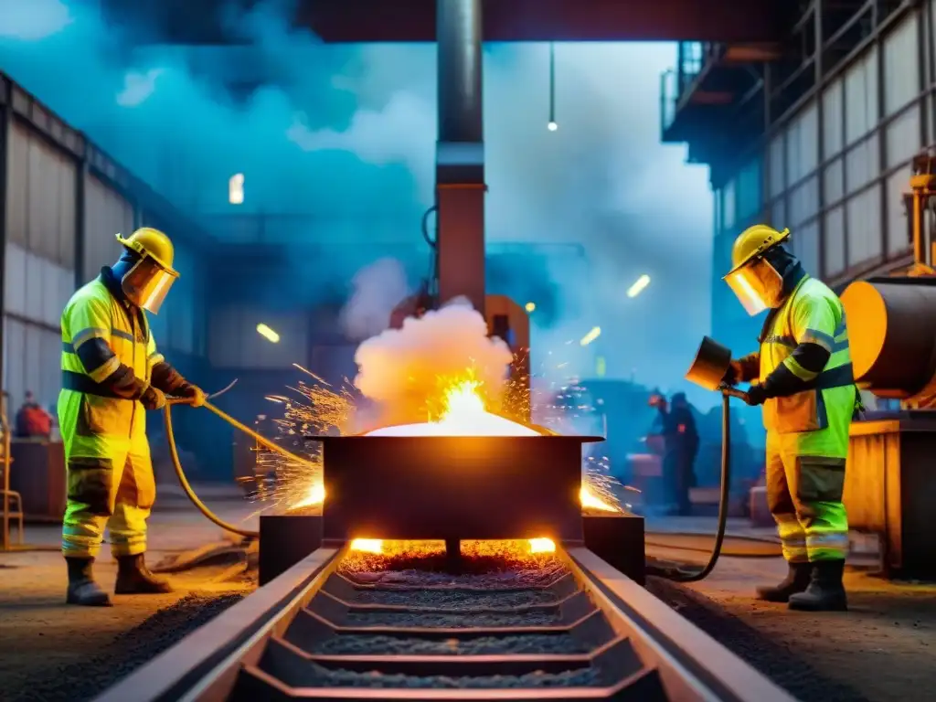 Fusión de acero: horno industrial en acción Acero reciclado para estructuras sostenibles: Fundición industrial con metal fundido y chispas, trabajadores vigilando con intensidad
