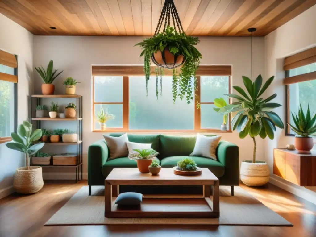 Salón acogedor con muebles reciclados y toques naturales Un acogedor salón con diseño interior de madera reutilizada, lleno de calidez y sostenibilidad