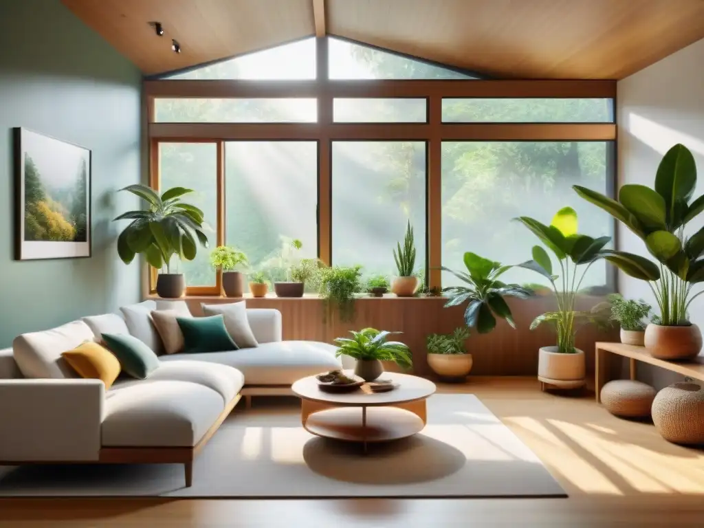 Un acogedor salón inundado de luz natural, con plantas verdes y decoración cálida