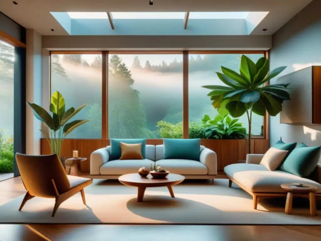 Acogedor salón minimalista con diseño circular y materiales naturales como madera, piedra y plantas, bañado por luz natural