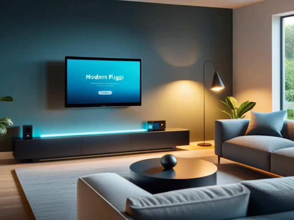 Acogedor salón moderno con Smart Plugs para hogar sostenible integrados, iluminación y tecnología controladas de forma inteligente