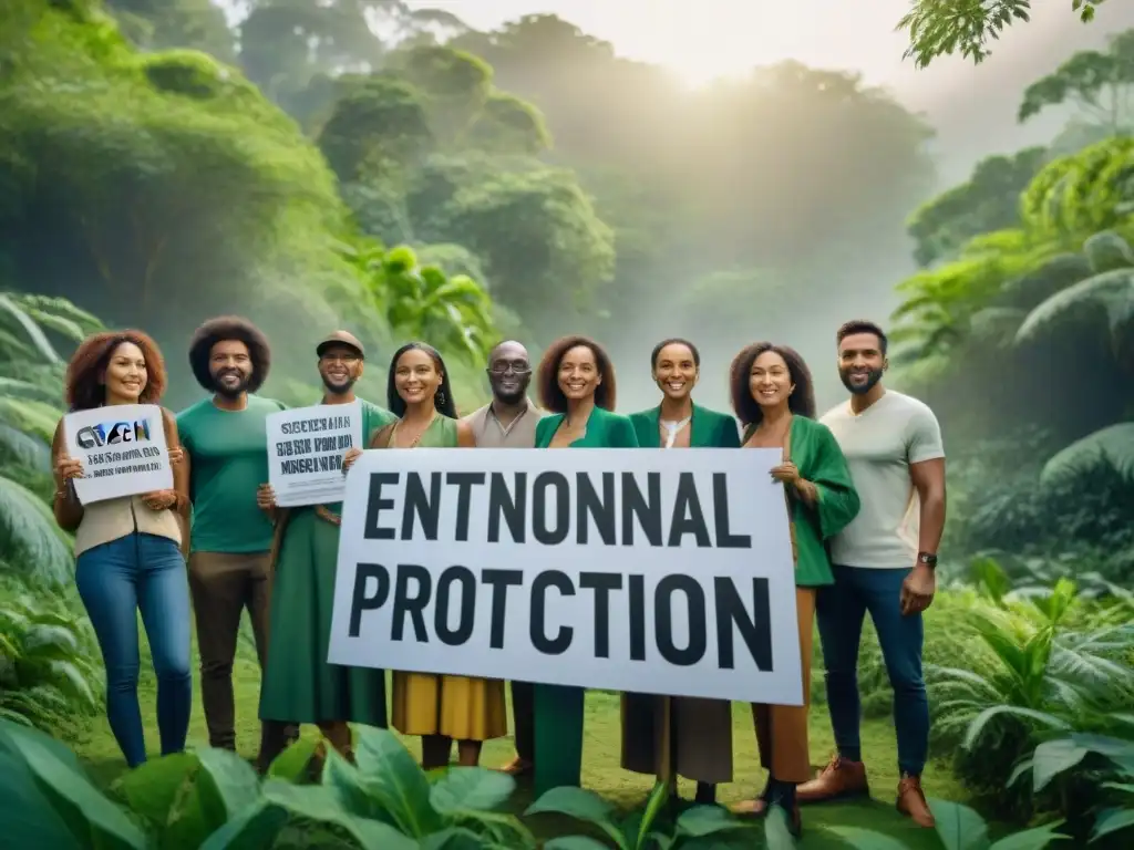 Activistas de diferentes generaciones, géneros y etnias unidos en un bosque verde, con carteles de protección ambiental y unidad