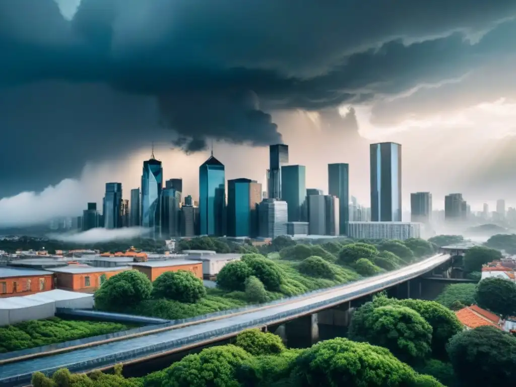 Recolectar agua lluvia zonas urbanas: Paisaje urbano bajo tormenta con sistemas innovadores de recolección de agua de lluvia