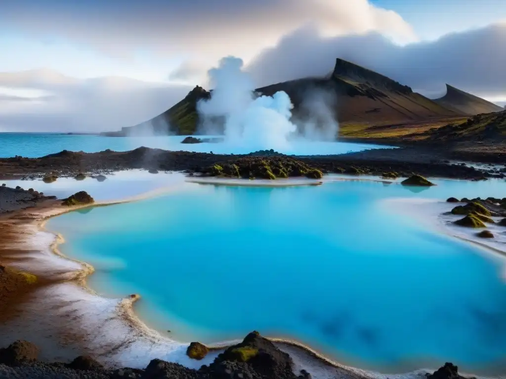 Aguas geotermales azules rodeadas de rocas volcánicas en Islandia