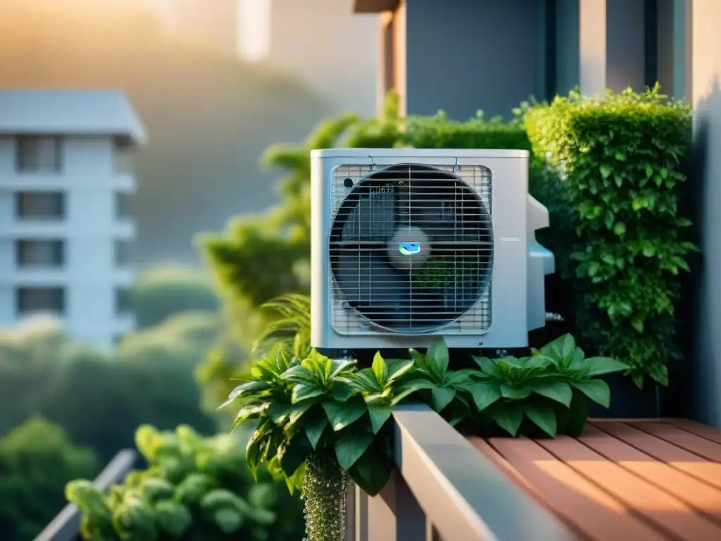 Un aire acondicionado moderno en un balcón residencial rodeado de plantas verdes, integrado en un entorno sostenible