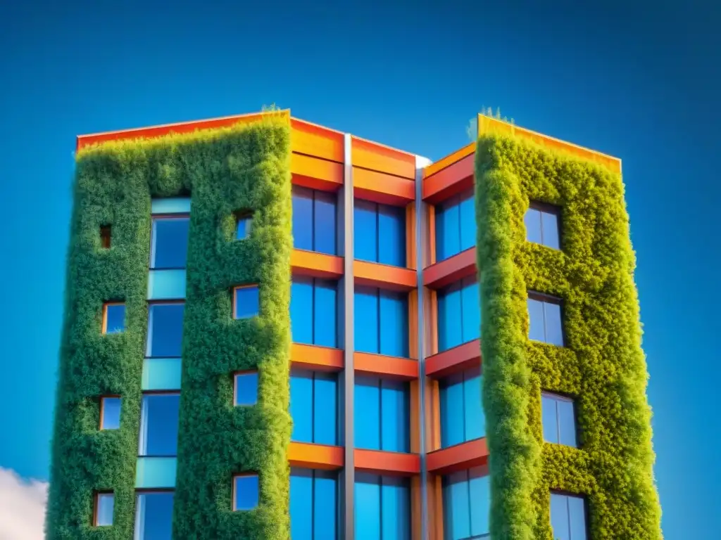 Aislamiento térmico en viviendas verdes: edificio moderno con detalle de aislamiento destacado en imagen térmica, bajo cielo azul