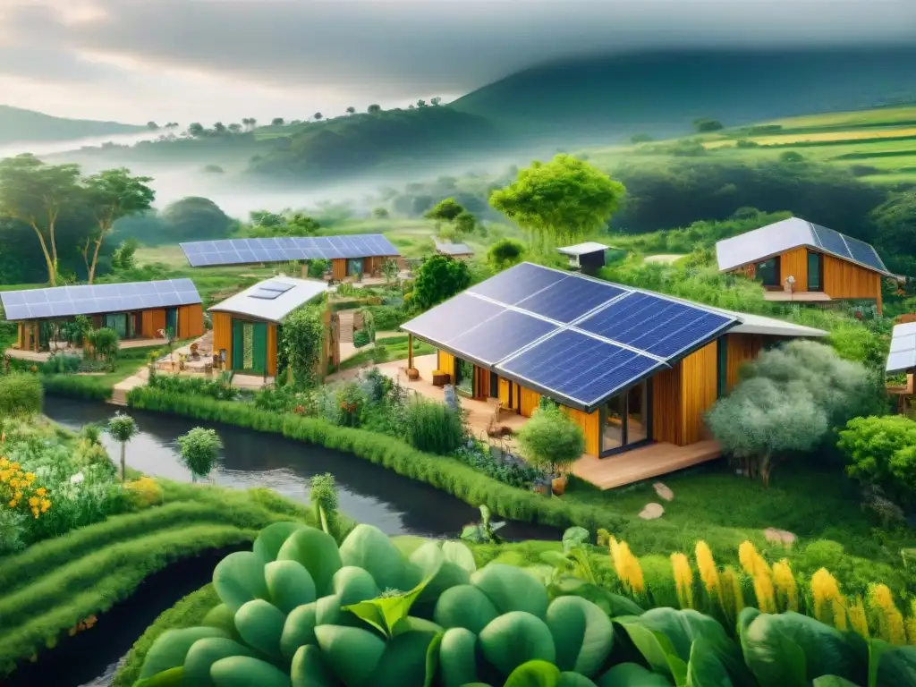 Una aldea ecológica autosuficiente se fusiona con exuberante vegetación, paneles solares, casas de barro y familias cultivando juntas