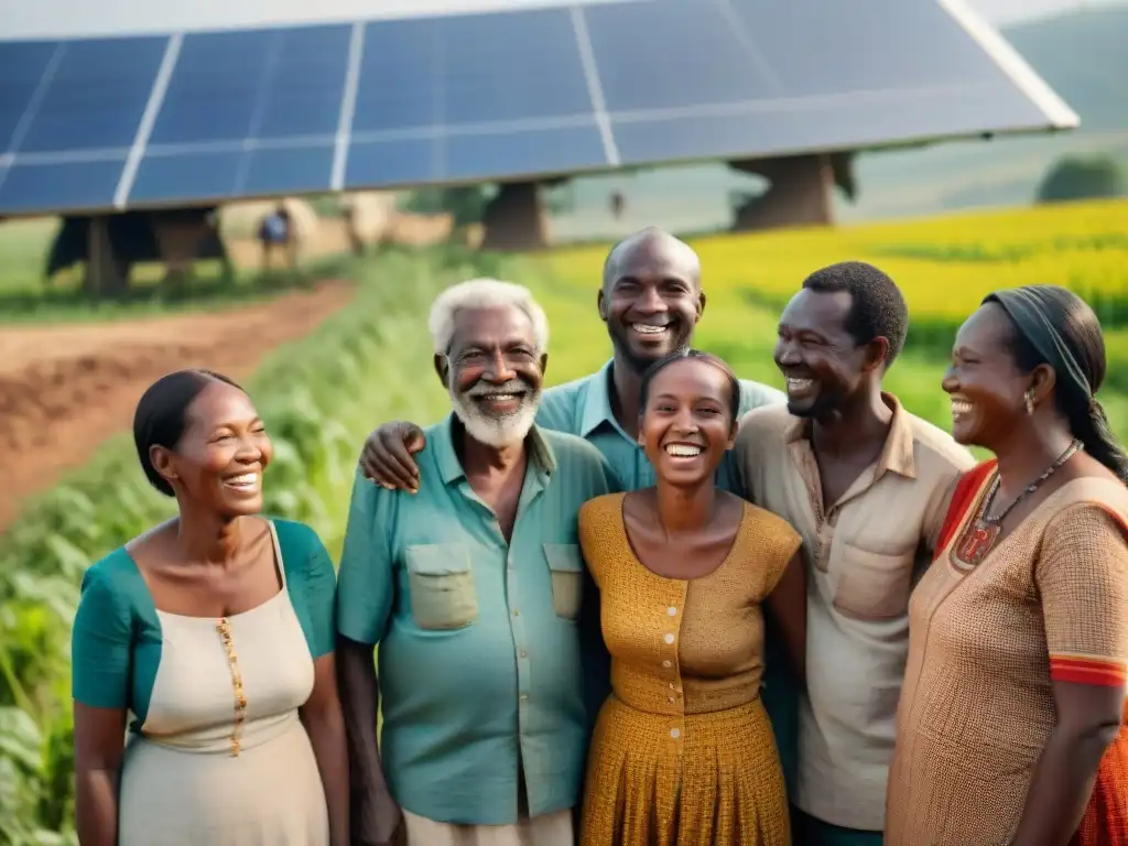 Fotografía de alta resolución de aldeanos sonrientes reunidos alrededor de la instalación de paneles solares en un campo soleado