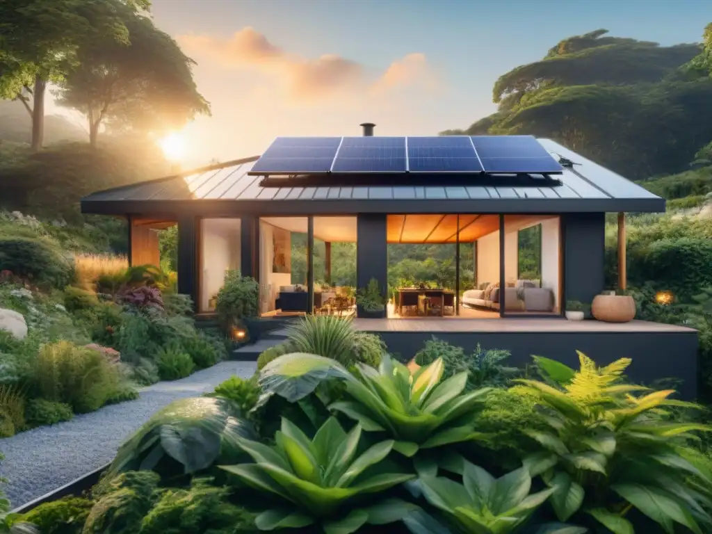 Alianza marketing influencia viviendas ecológicas: Casa moderna rodeada de naturaleza, con paneles solares y sistema de recolección de agua