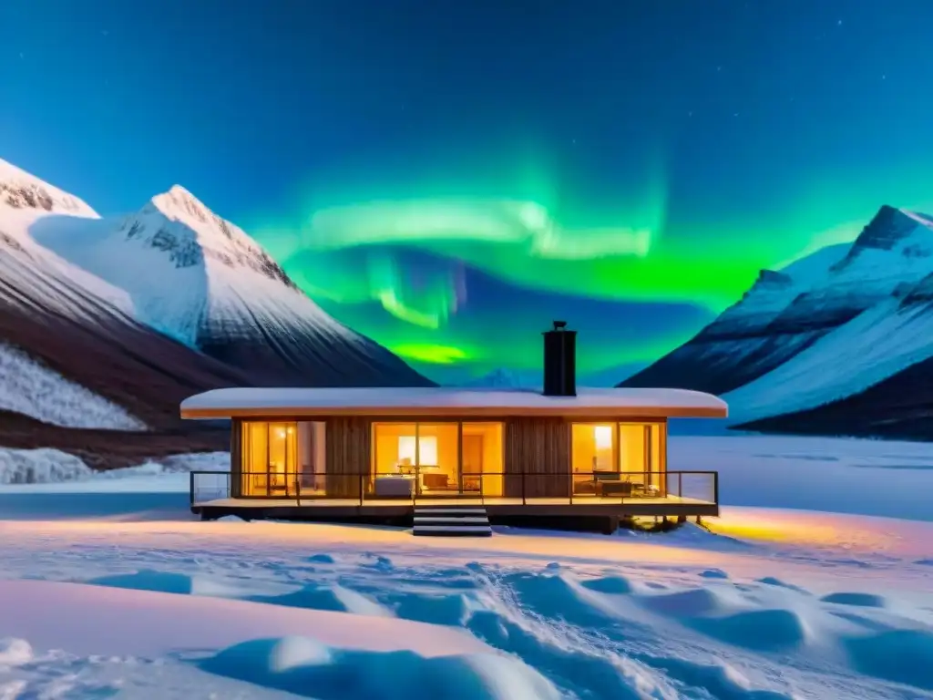 Alojamiento sostenible en el Ártico: Lodge ecológico entre montañas nevadas con paneles solares y auroras boreales