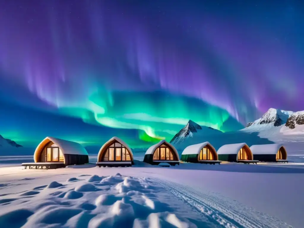 Alojamientos sostenibles en el Ártico: Eco-lodges en paisaje nevado bajo aurora boreal verde y púrpura en noche estrellada