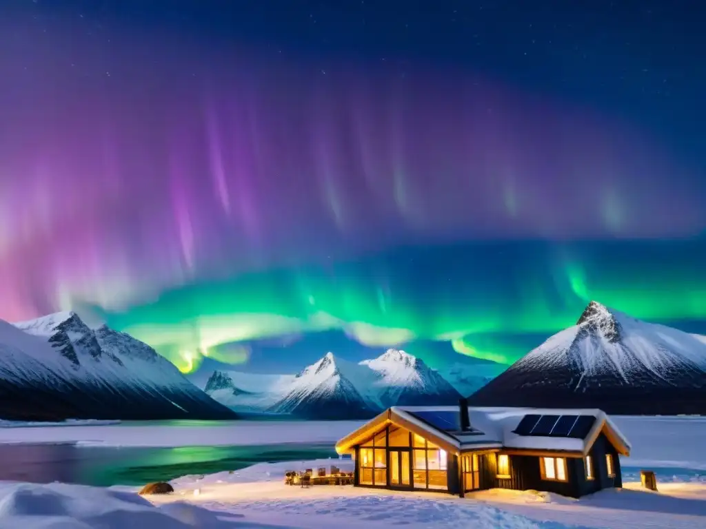 Alojamientos sostenibles en el Ártico: Refugio ecológico rodeado de nieve, con paneles solares y vistas a la aurora boreal