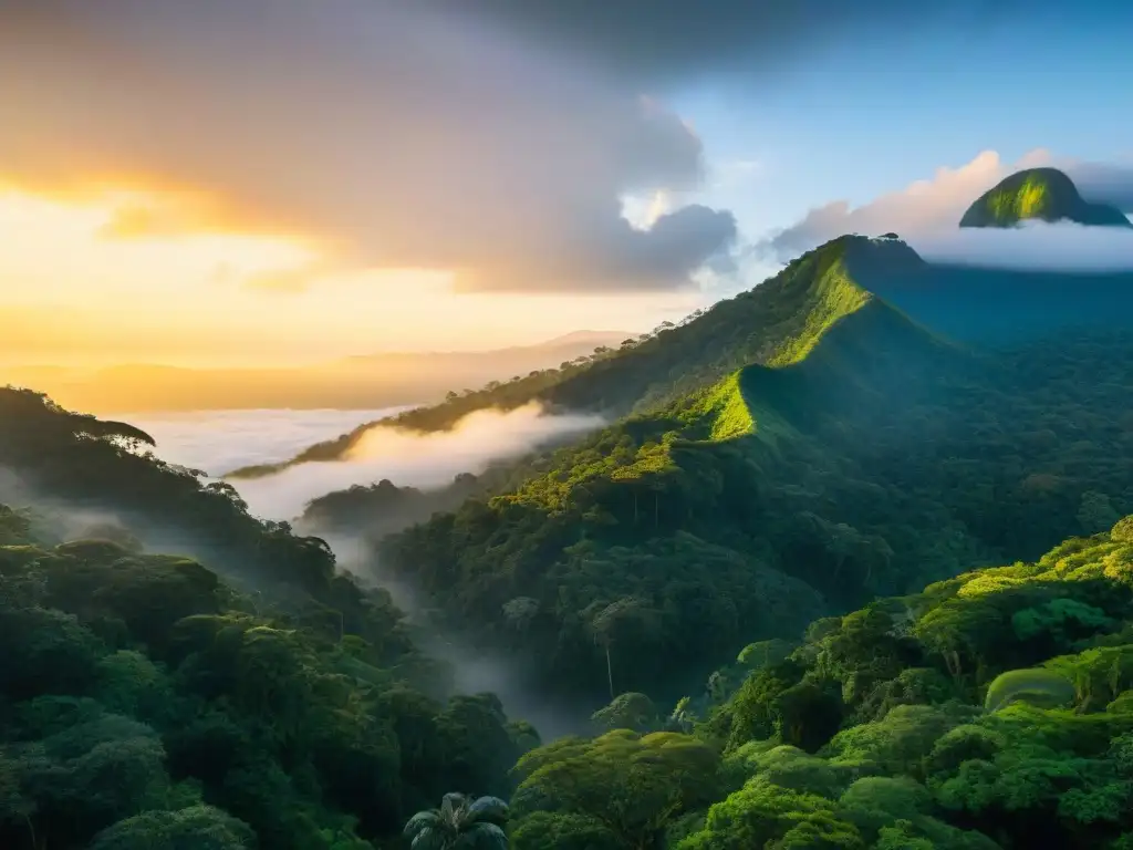 Un amanecer mágico en la exuberante selva de Centroamérica, resaltando la belleza y biodiversidad del turismo responsable en la región