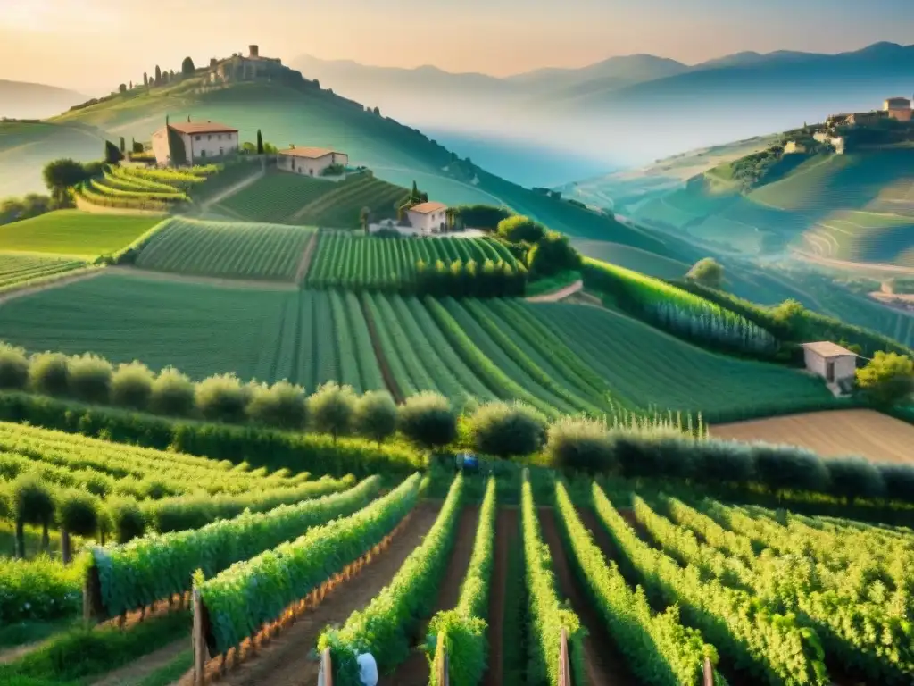 Un amanecer mágico en una granja orgánica italiana, turismo sostenible entre viñedos y campos coloridos