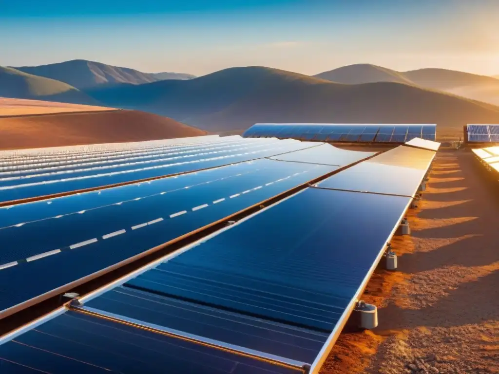 Un amanecer en una planta solar térmica con trabajadores inspeccionando los paneles, destacando los beneficios de energía solar térmica