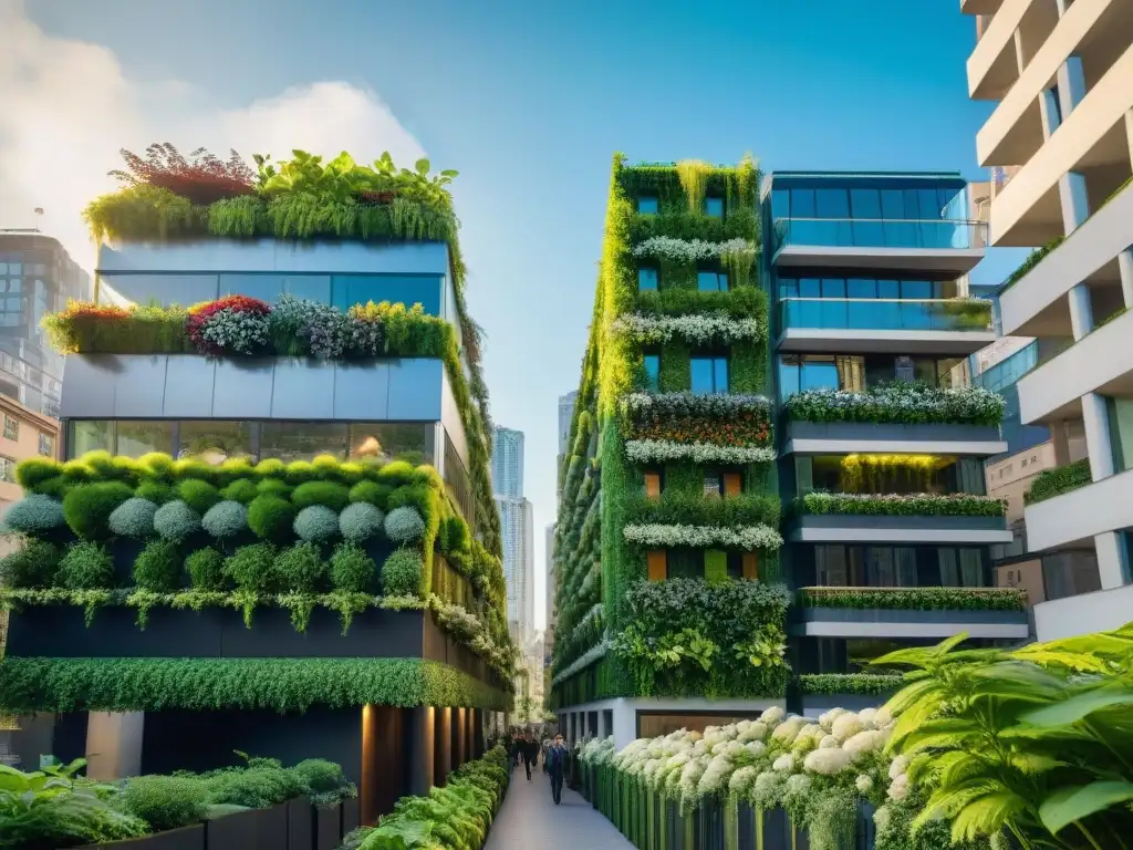 Una animada calle de la ciudad con edificios verdes para ciudades sostenibles, donde la naturaleza se fusiona con la vida urbana