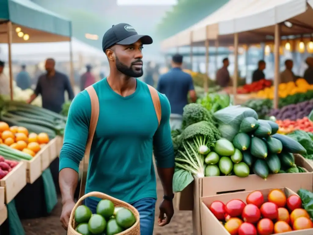 Un animado mercado agrícola con frutas y verduras coloridas, vendedores y compradores sostenibles