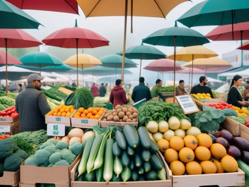 Un animado mercado con vendedores de productos frescos bajo coloridos toldos, destacando certificaciones verdes en marketing