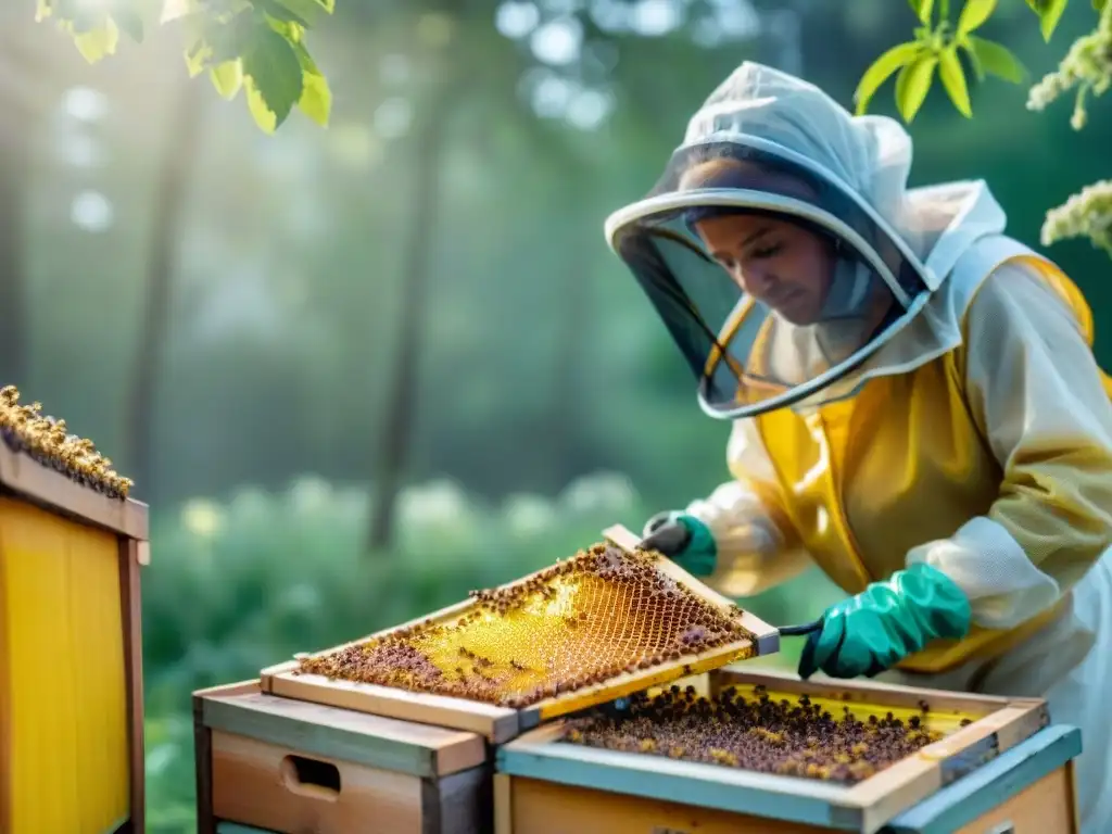 Un apicultor inspecciona con cuidado una colmena, las abejas trabajan incansables en armonía con la naturaleza