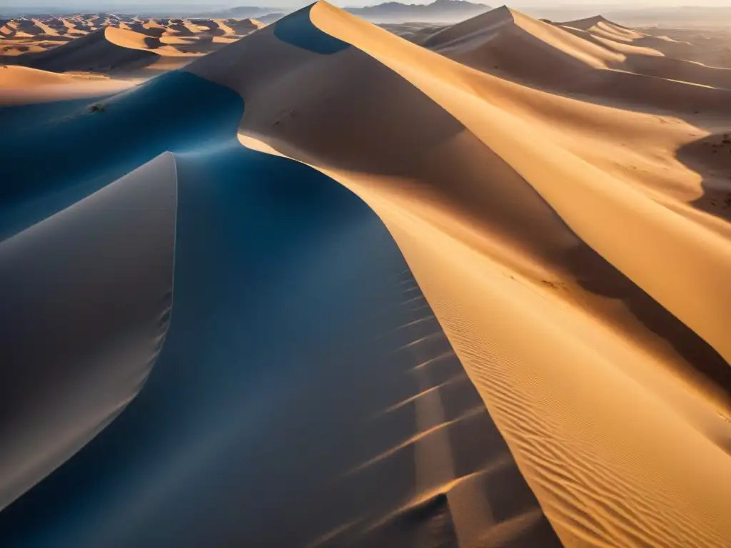 Arena dorada del desierto: paisaje infinito bajo cielo azul, resaltando belleza natural y textura