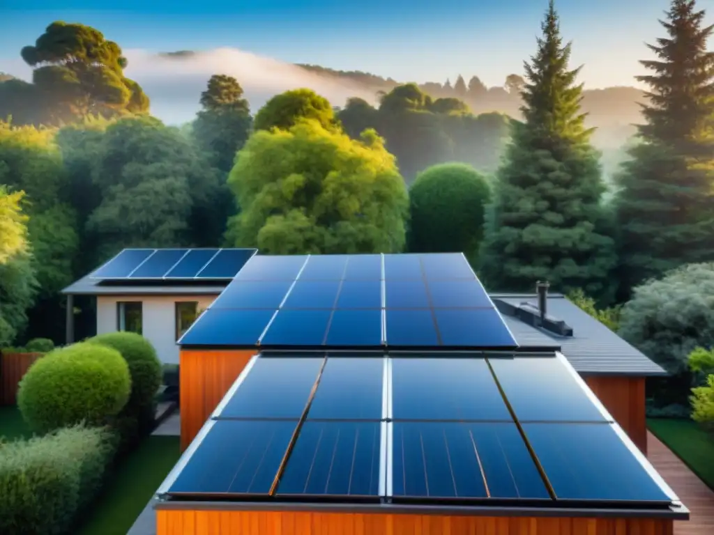 Familia feliz disfruta de energía solar en jardín sereno Armonía con la naturaleza: familia disfrutando en un jardín solar