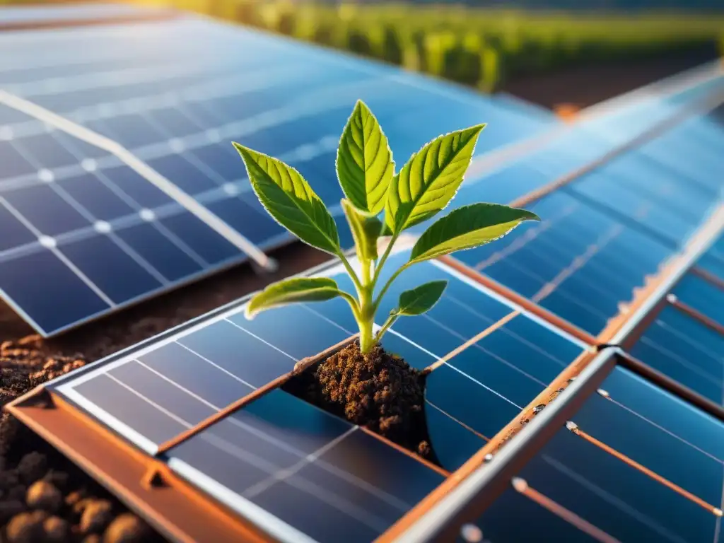 Armonía entre la naturaleza y la tecnología: planta verde bajo panel solar