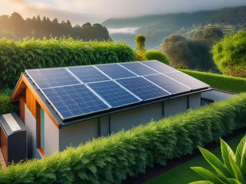 Armonía perfecta: moderna central de energía verde en casa integrada en un jardín exuberante y soleado