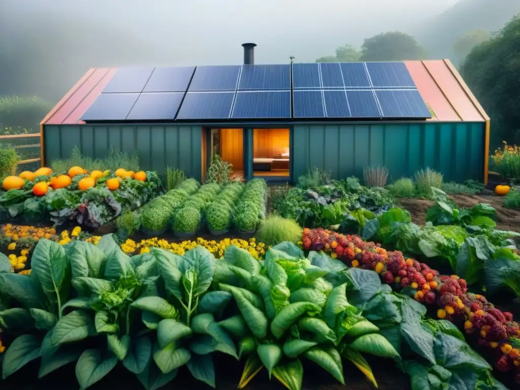 Diseño ecohabitats permacultura vivienda: Armonía entre sostenibilidad y naturaleza en un hogar ecológico con jardín, paneles solares y casa de barro