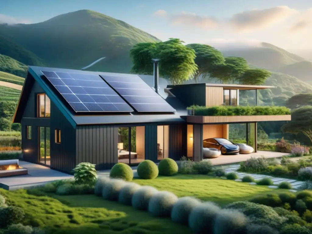 Armoniosa casa autosuficiente con paneles solares, jardín ecológico y estación de carga Tesla