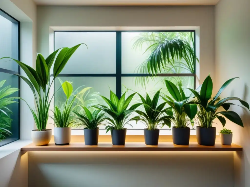 Un jardín interior armonioso con plantas purificadoras de aire ecológicas en una sala moderna y luminosa