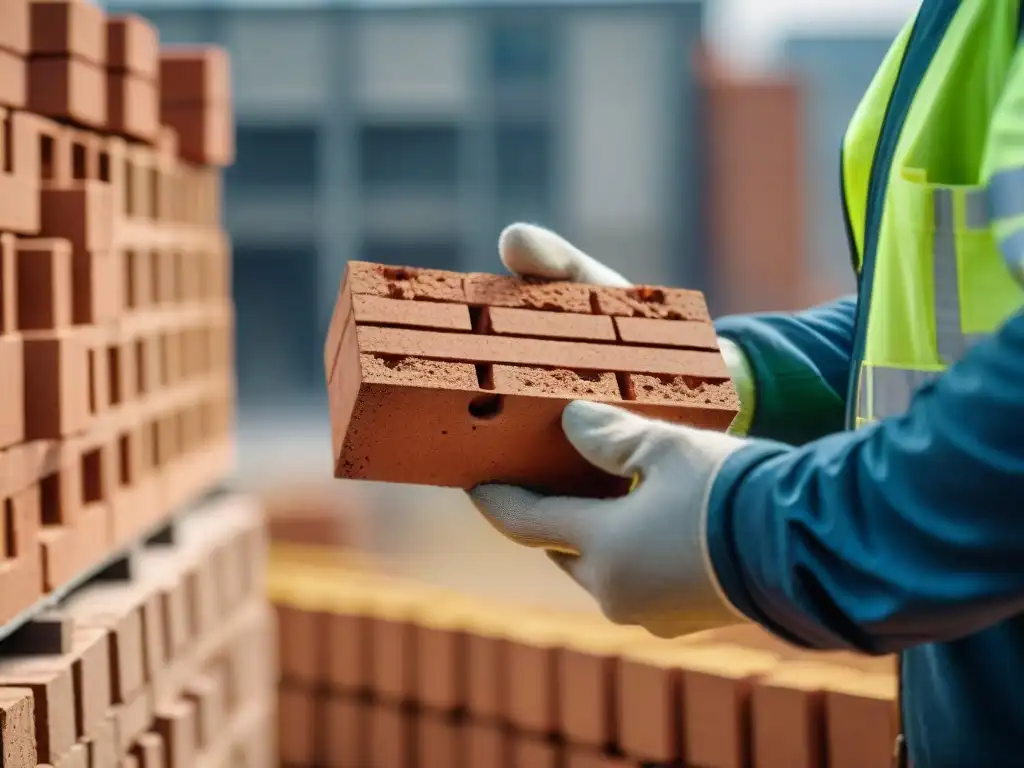 Un arquitecto moderno sosteniendo un ladrillo ecológico, resaltando su resistencia y aspecto sostenible en una obra en construcción