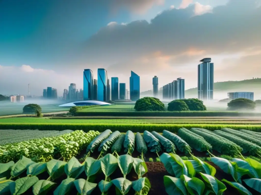 Diseño arquitectónico eco-sostenible urbano: edificio futurista con campos agrícolas verdes en armonía