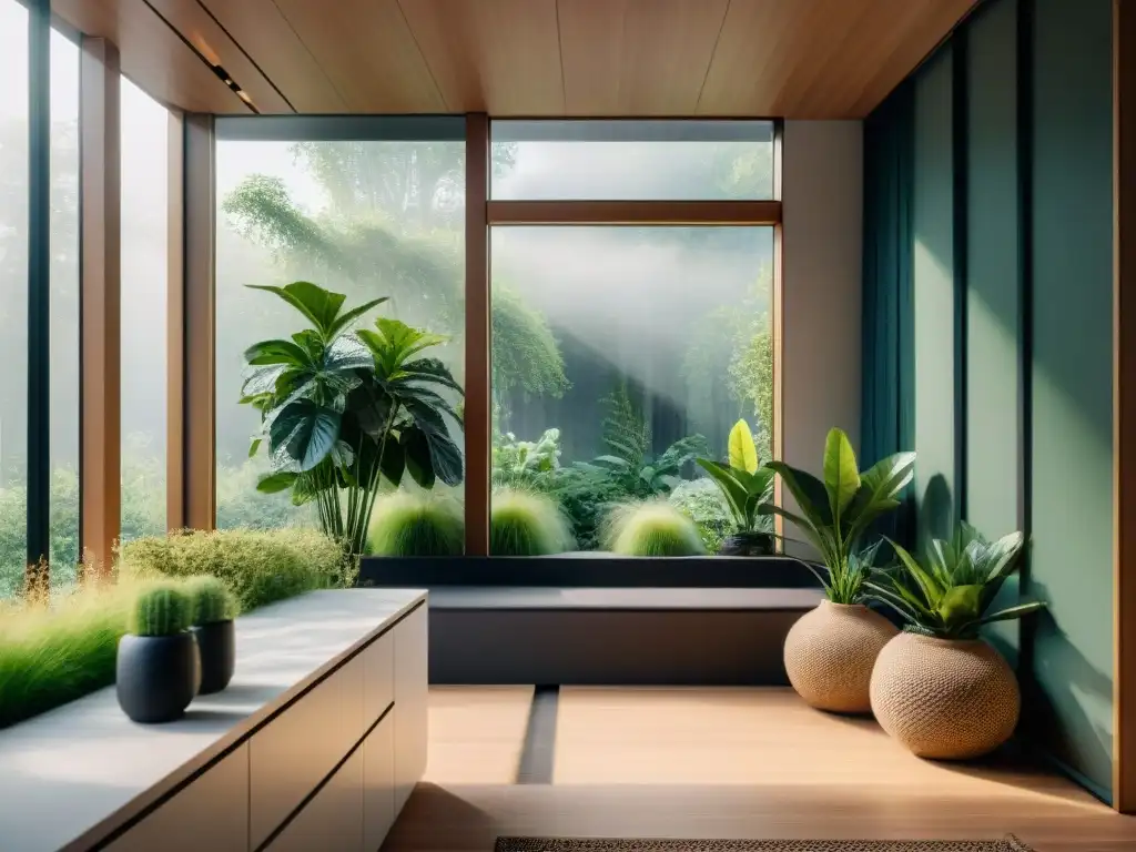 Arquitectura sostenible para aire interior: hogar moderno inundado de luz natural, plantas verdes y diseño minimalista en tonos terrosos