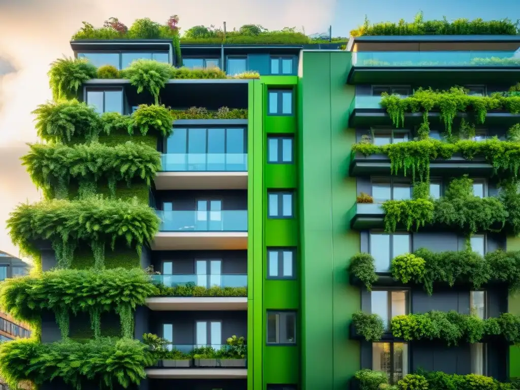 Arquitectura sostenible y autosuficiente: Edificio urbano cubierto de exuberante vegetación, integrando naturaleza y diseño urbano