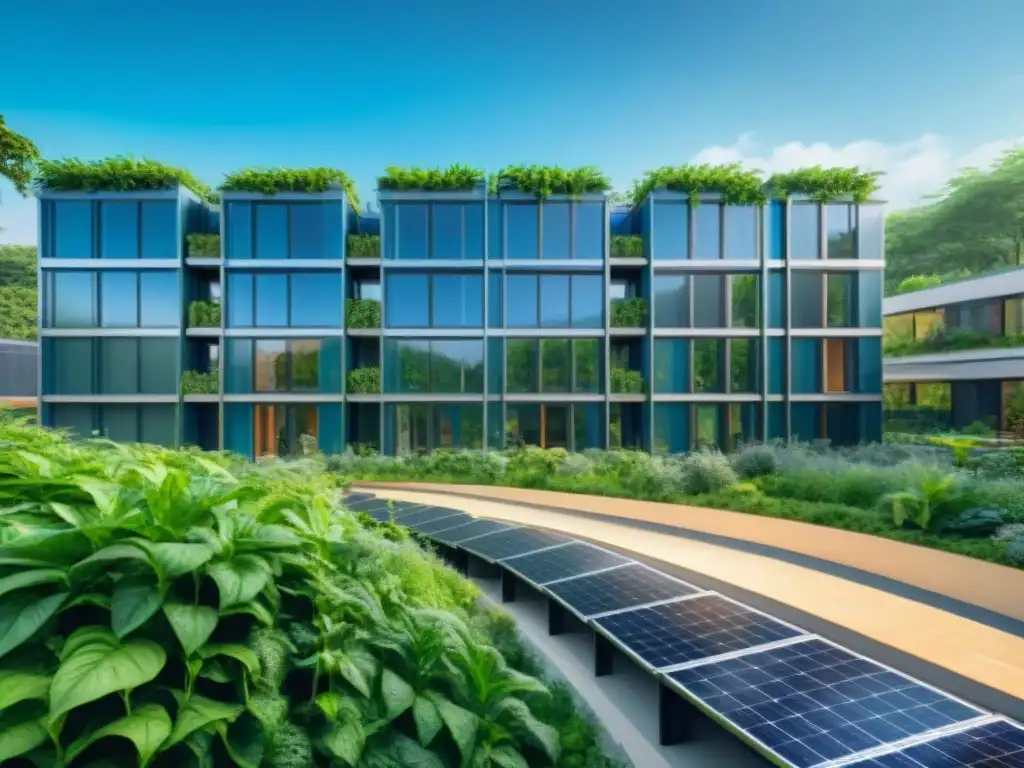 Arquitectura sostenible y cambio climático: Edificio ecofriendly con paneles solares, muros verdes y jardín comunitario