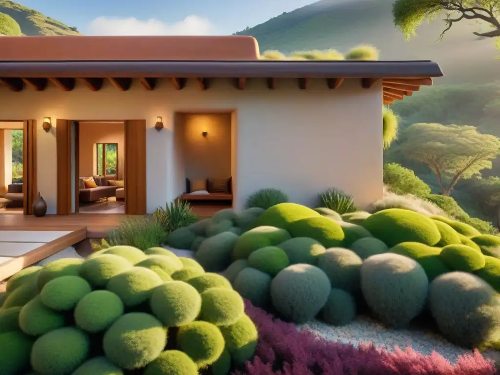 Arquitectura sostenible que respeta el planeta: casa de adobe con techo verde y naturaleza exuberante