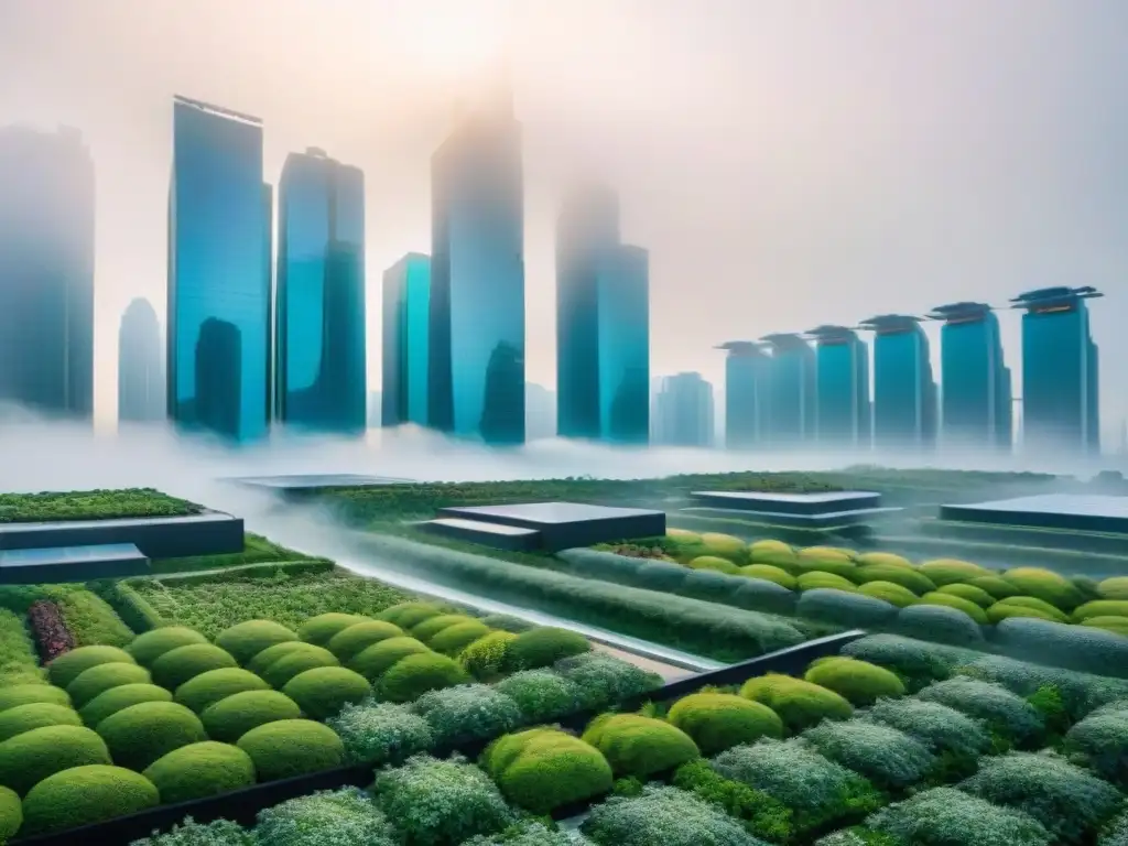 IA para arquitectura sostenible: Ciudad futurista ecológica con edificios verdes y tecnología integrada con la naturaleza