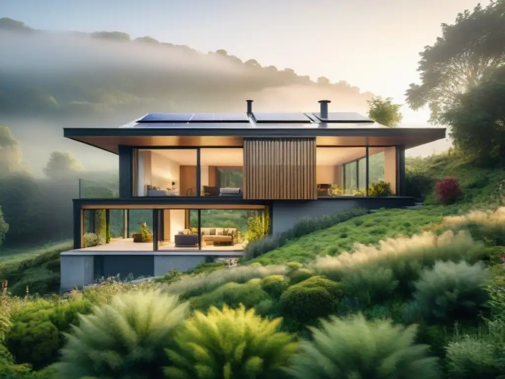 Arquitectura sostenible para un diseño bioclimático: Casa moderna integrada en la naturaleza con paneles solares y jardín verde