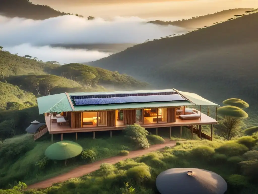 Arquitectura sostenible en Madagascar: detalle de ecolodge integrado en la naturaleza, con techos verdes y paneles solares al atardecer