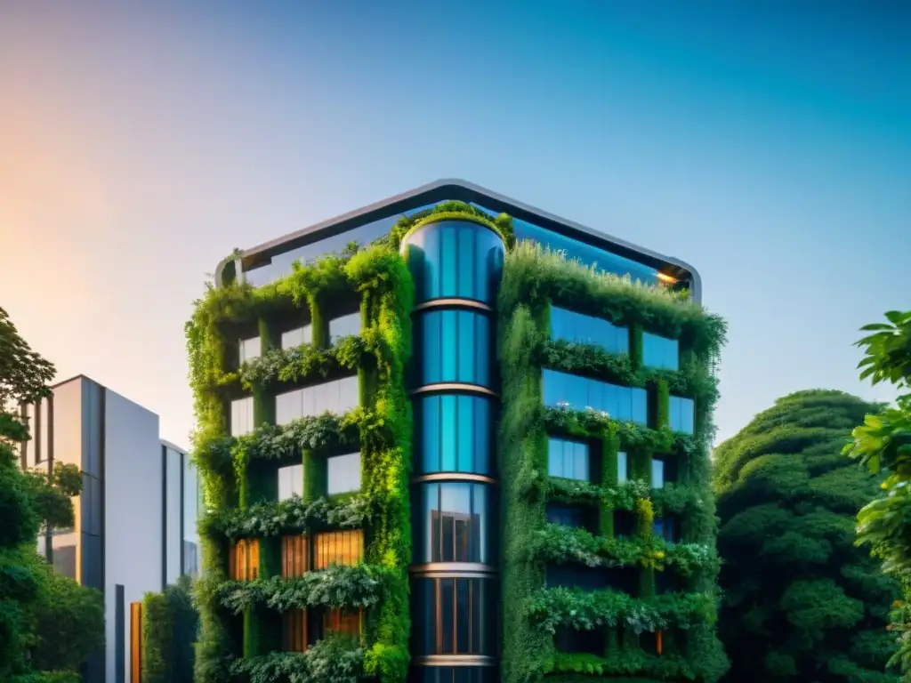 Revolution en arquitectura sostenible: edificio futurista de PureEarth con verde fachada y sistemas ecoinnovadores, en ciudad bulliciosa