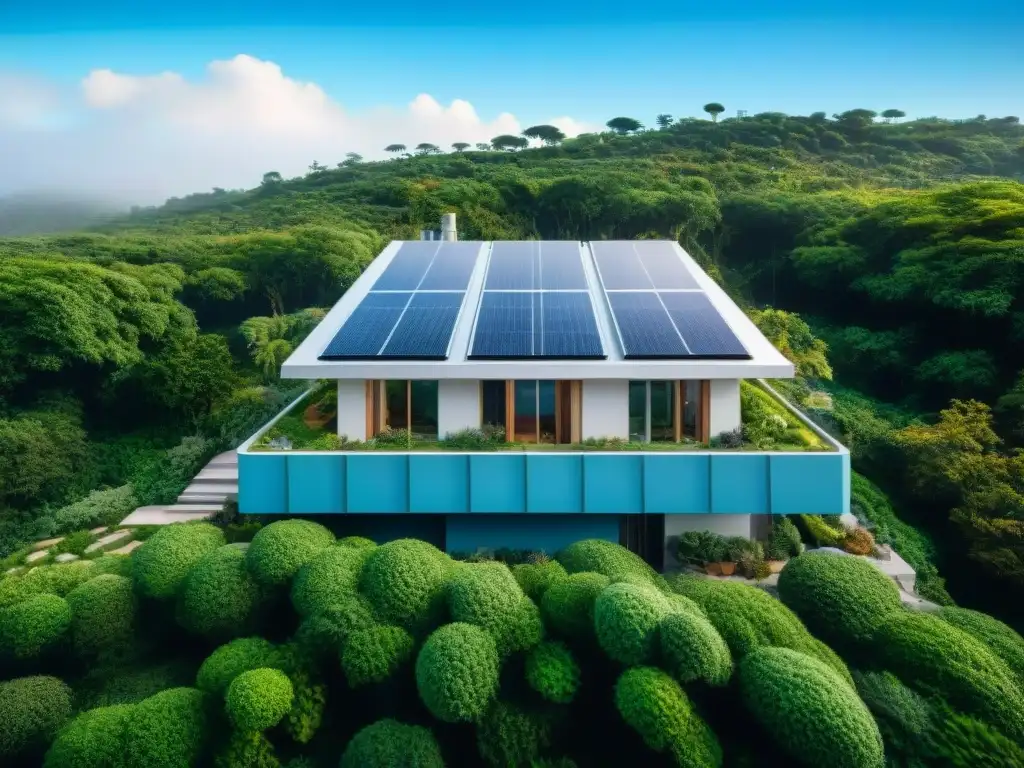 Edificio sostenible: diseño futurista en armonía con la naturaleza Arquitectura sostenible: edificio futurista de materiales reciclados rodeado de vegetación, paneles solares y diseño innovador