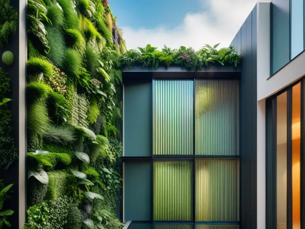 Arquitectura sostenible con elementos naturales: edificio moderno entre vegetación exuberante y diseño ecológico