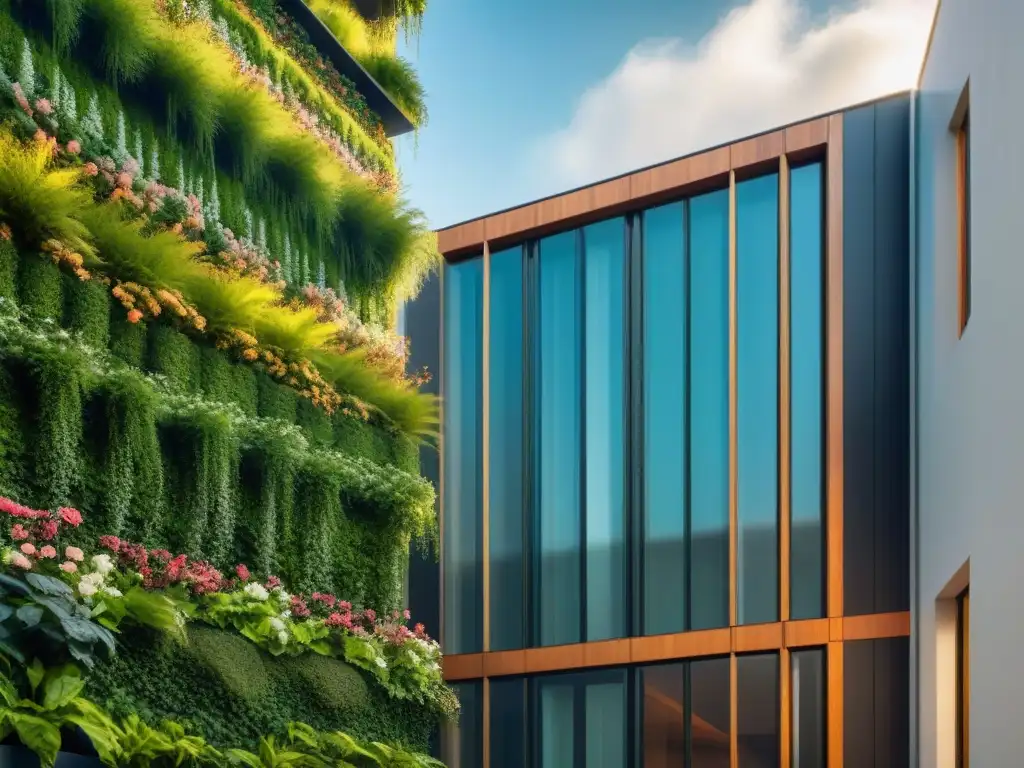 Arquitectura sostenible con elementos naturales: diseño innovador se fusiona con exuberante jardín vertical, creando contraste y armonía