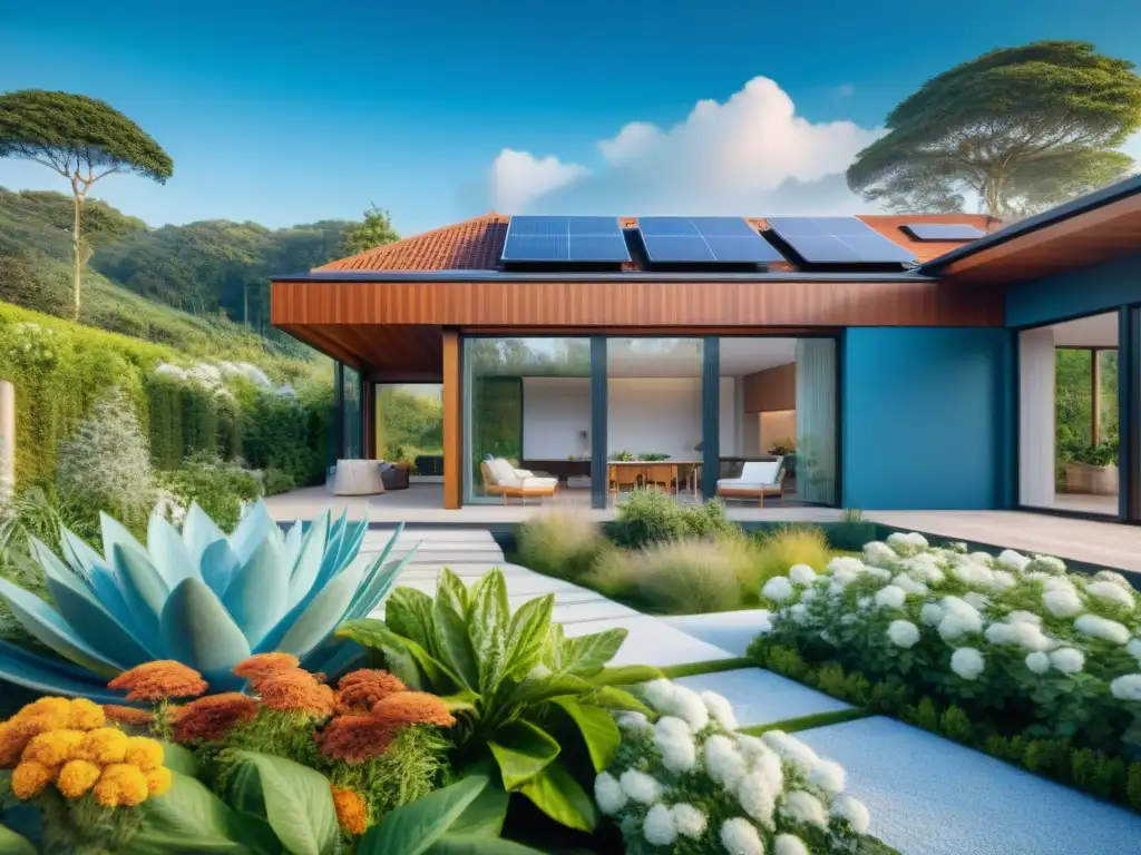 Arquitectura sostenible en paletas de color: casa moderna rodeada de naturaleza exuberante y paneles solares en el techo