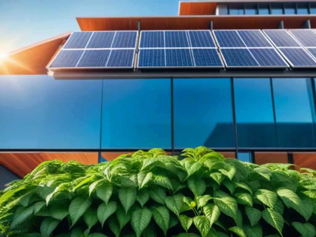 Arquitectura sostenible con paneles solares, rodeada de naturaleza, bajo cielo azul