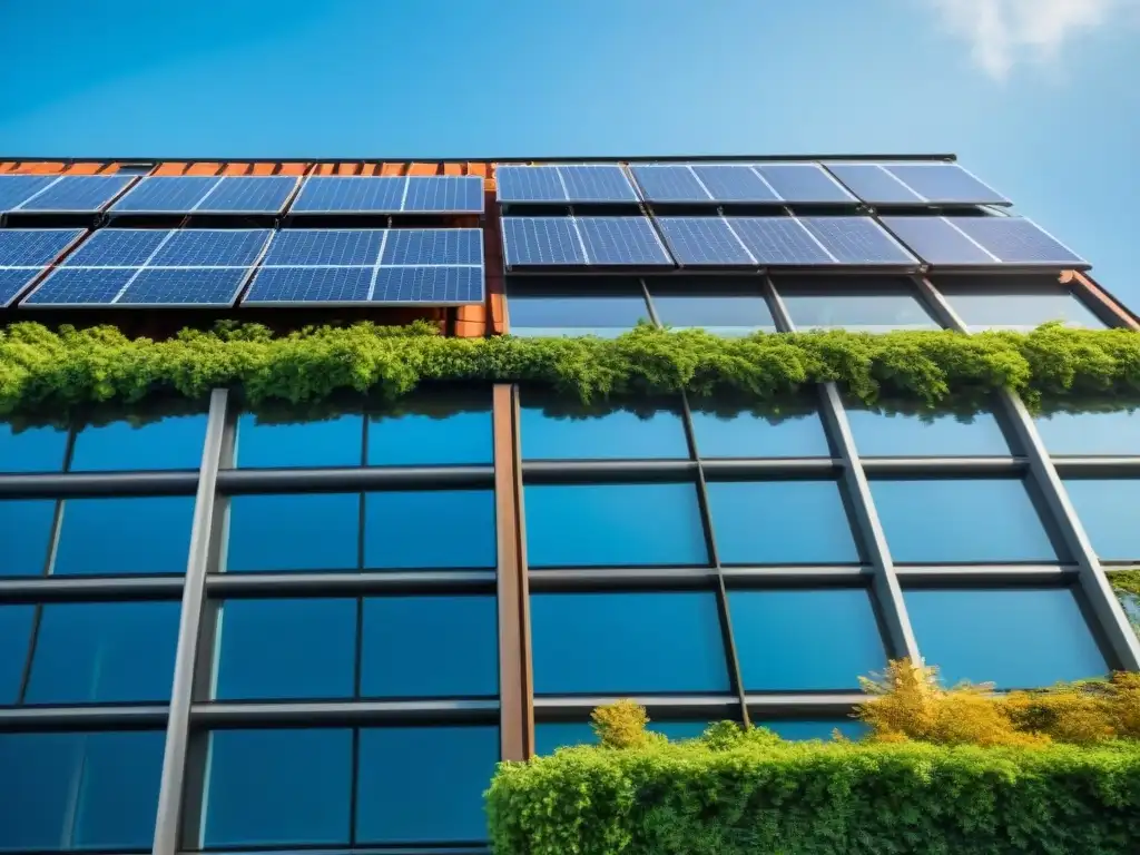 Arquitectura sostenible con paneles solares, muros verdes y naturaleza reflejada, integrando propiedades sostenibles como activos