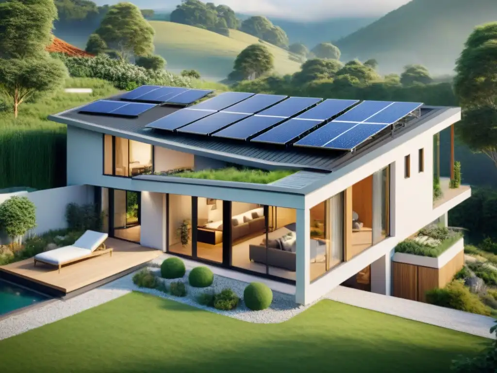 Arquitectura sostenible que respeta el planeta: EcoHome con paneles solares, sistemas de recolección de agua y familia ecoamigable