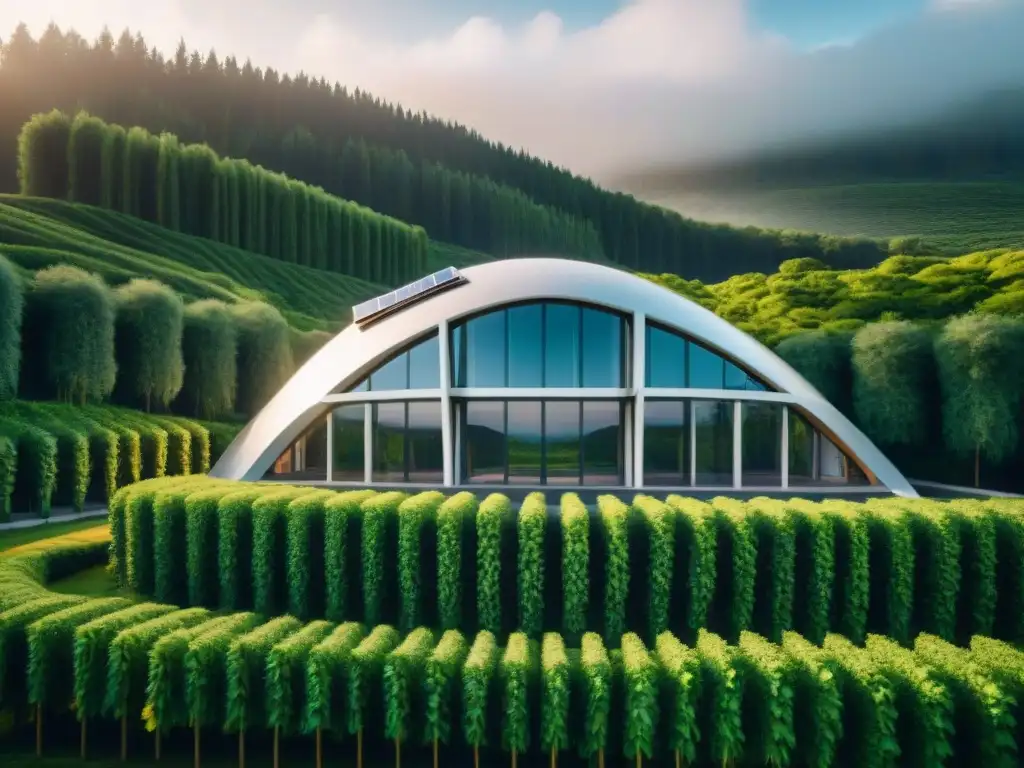 Edificio sostenible del futuro: detalle y innovación reciclada Arquitectura sostenible reciclaje construcciones: Edificio futurista hecho con materiales reciclados, rodeado de naturaleza y energías renovables