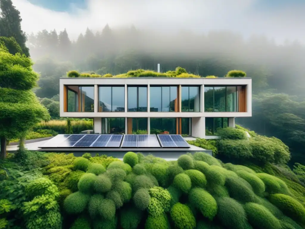 Arquitectura sostenible rodeada de naturaleza, con paneles solares y techos verdes